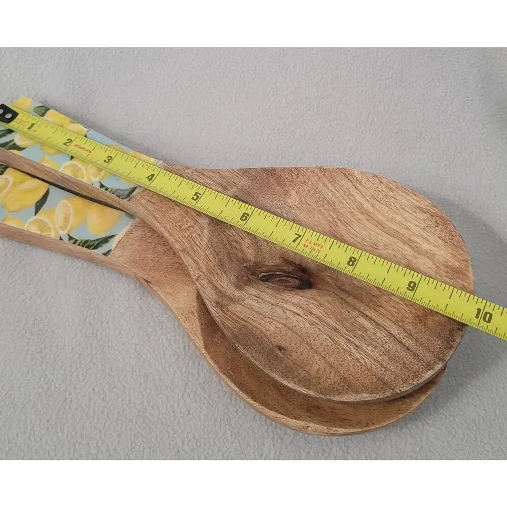 Set 2 Lemon Print Wood Fork Spoon Salad SERVING Utensils Teal Blue Yellow